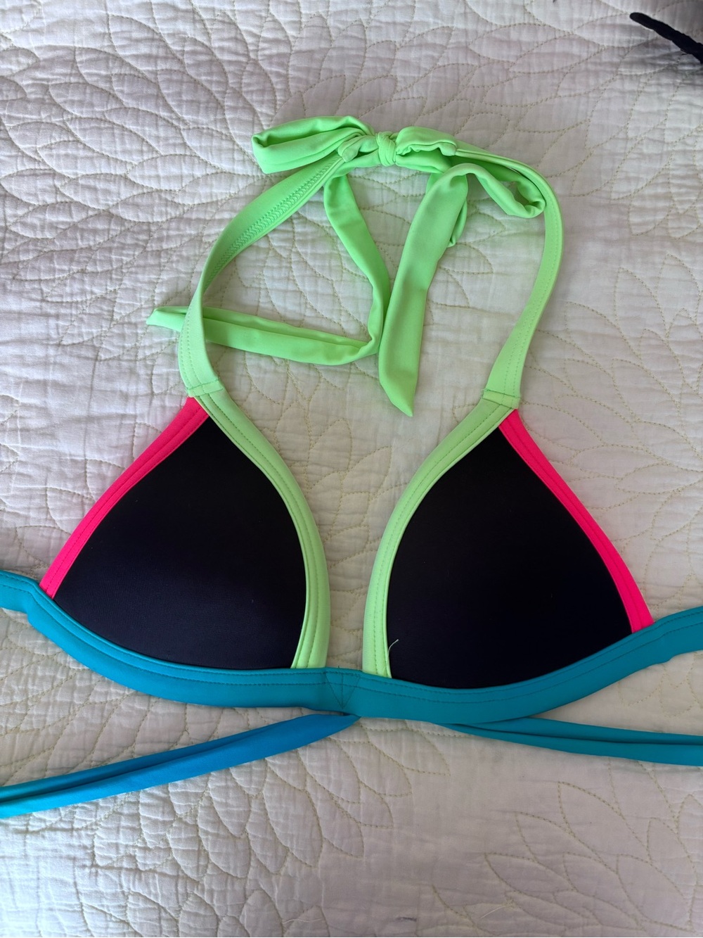 PINK Victoria's Secret Black Triangle Bikini Top with Lime, Pink & Teal Trim